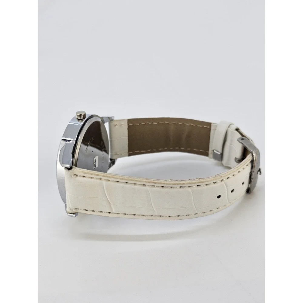 Unisex‎ Analog Watch 40MM White Dial White Faux Leather Bands New Battery